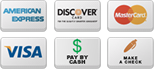 American Express, Discover, MasterCard, VISA, Cash and Check